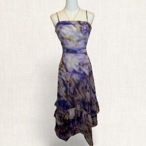 Adelyn Rae Jodie Tie Dye Midi Dress Purple Asymmetrical Ruffle